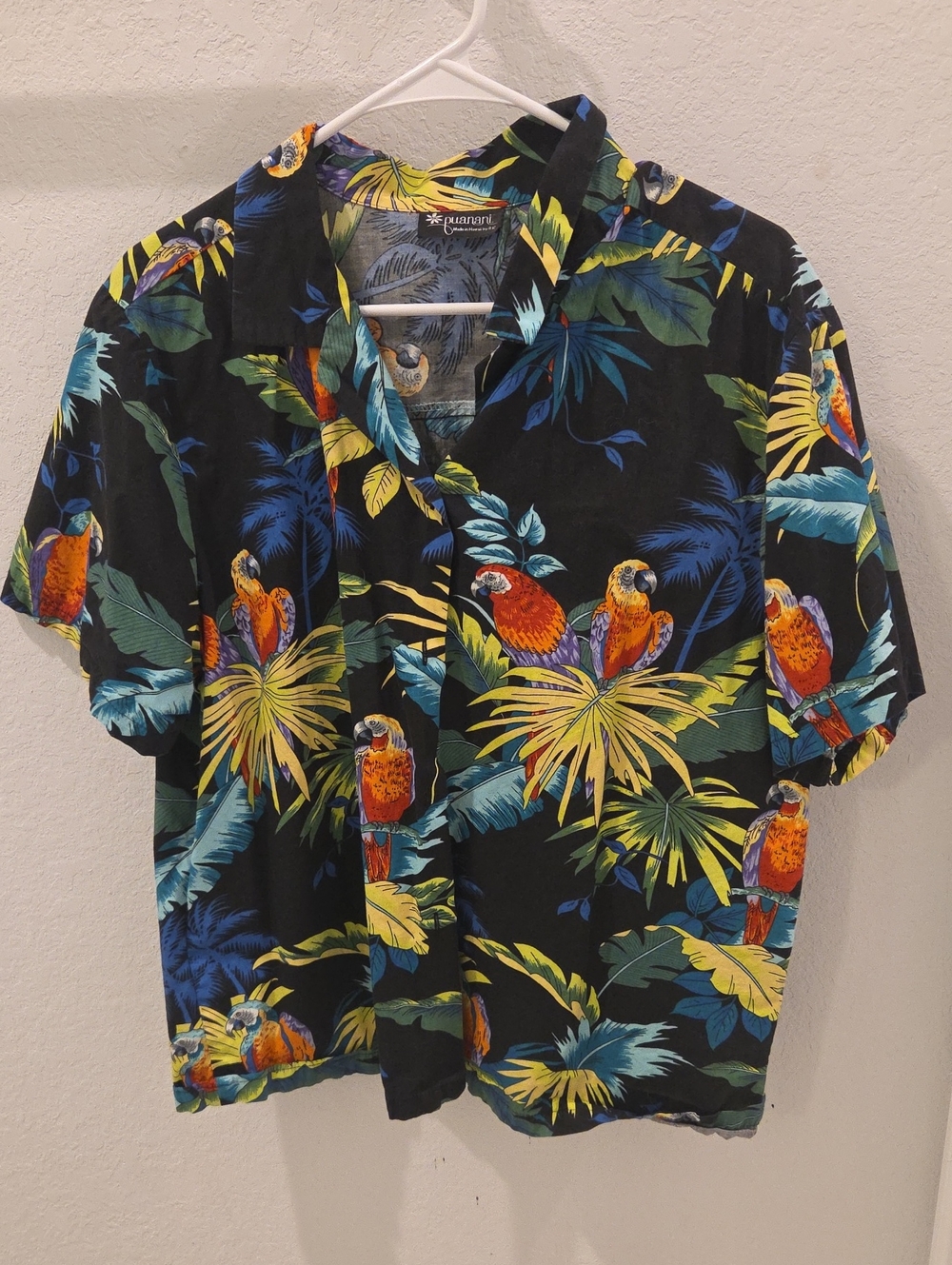 Black Hawaiian Shirt with Orange & Yellow Parrots